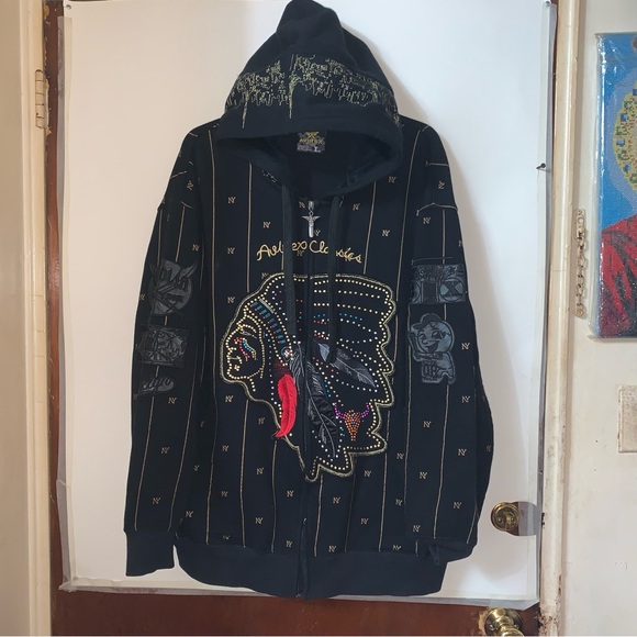 Avirex Classic Hoodie Size L Black Indian Chief Design & Arm Patches Zip Up NY - Picture 8 of 16
